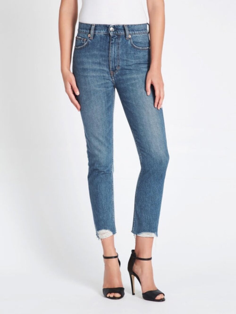 IRO Paris Argan High Rise Straight Leg Jeans Frayed Hem Blue 24